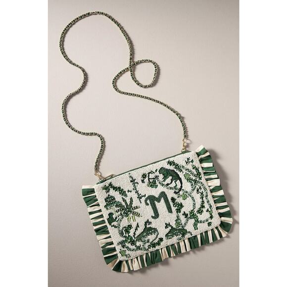 Anthropologie Handbags - Anthropologie Beaded Monogram “M” Clutch – Green & Cream
